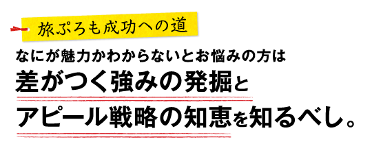 旅ぷろも成功への道-なにが魅力かわからないとお悩みの方は差がつく強みの発掘とアピール戦略の知恵を知るべし